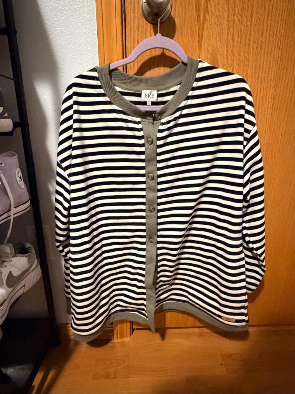BKE Navy and White Striped Button-Front Cardigan with Olive Trim